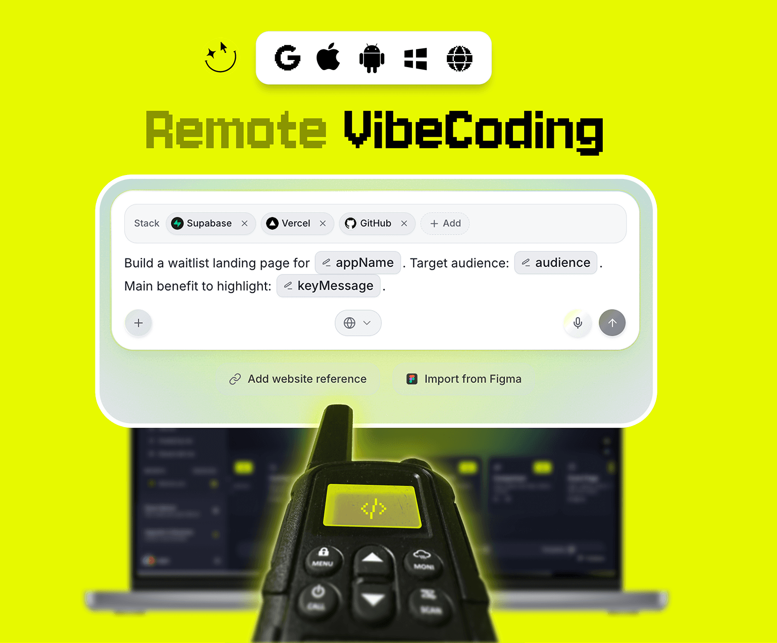 Motivd Remote VibeCoding interface: prompt, stack integrations, and walkie-talkie workflow.