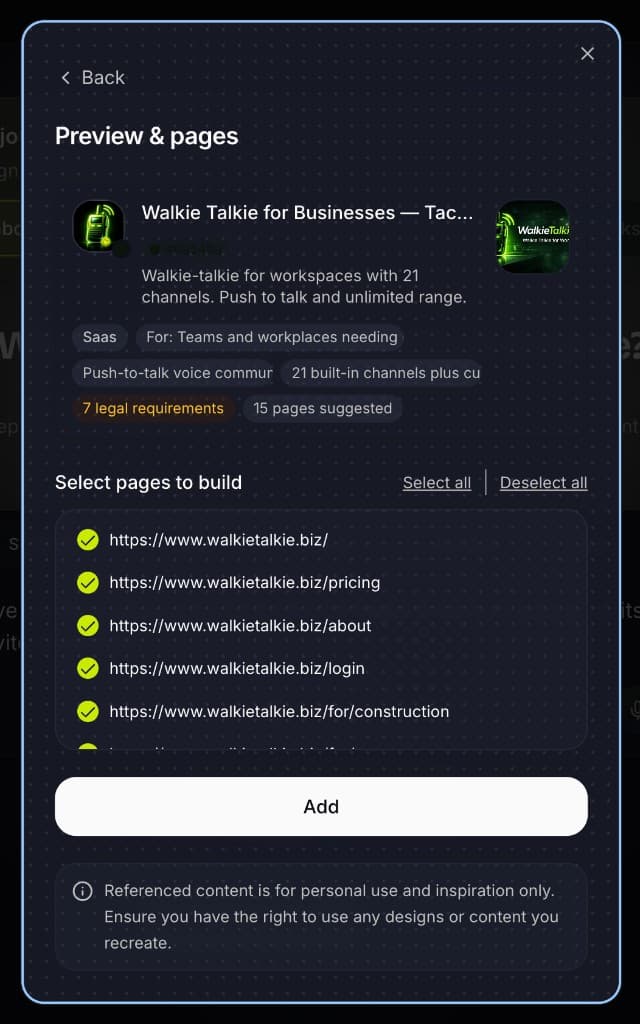 Exemple d'interface : sélection des pages à construire (illustration ; marques tierces pour le contexte).